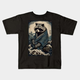 Raccoon and Waves - Traditional Japanese Ukiyoe Painting Kids T-Shirt